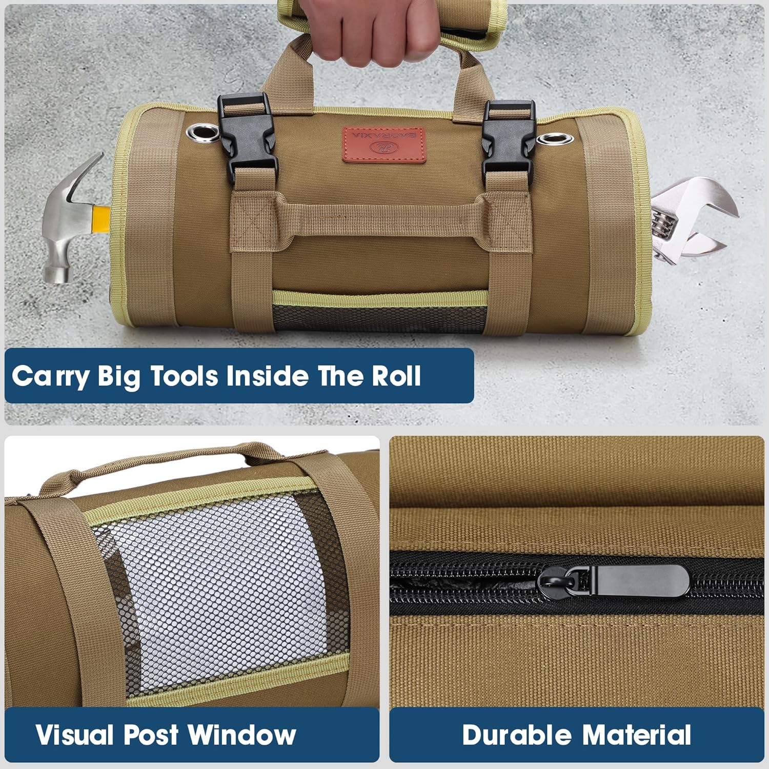 Tool Bag, Roll Up Small Tools Box Storage, Heavy Duty Tool Organizer with 2 Detachable Tool Pouch, Tool Gifts for Men Dad Husband Boyfriend Grandpa, Presents for Christmas Birthday (Khaki) - Image 8