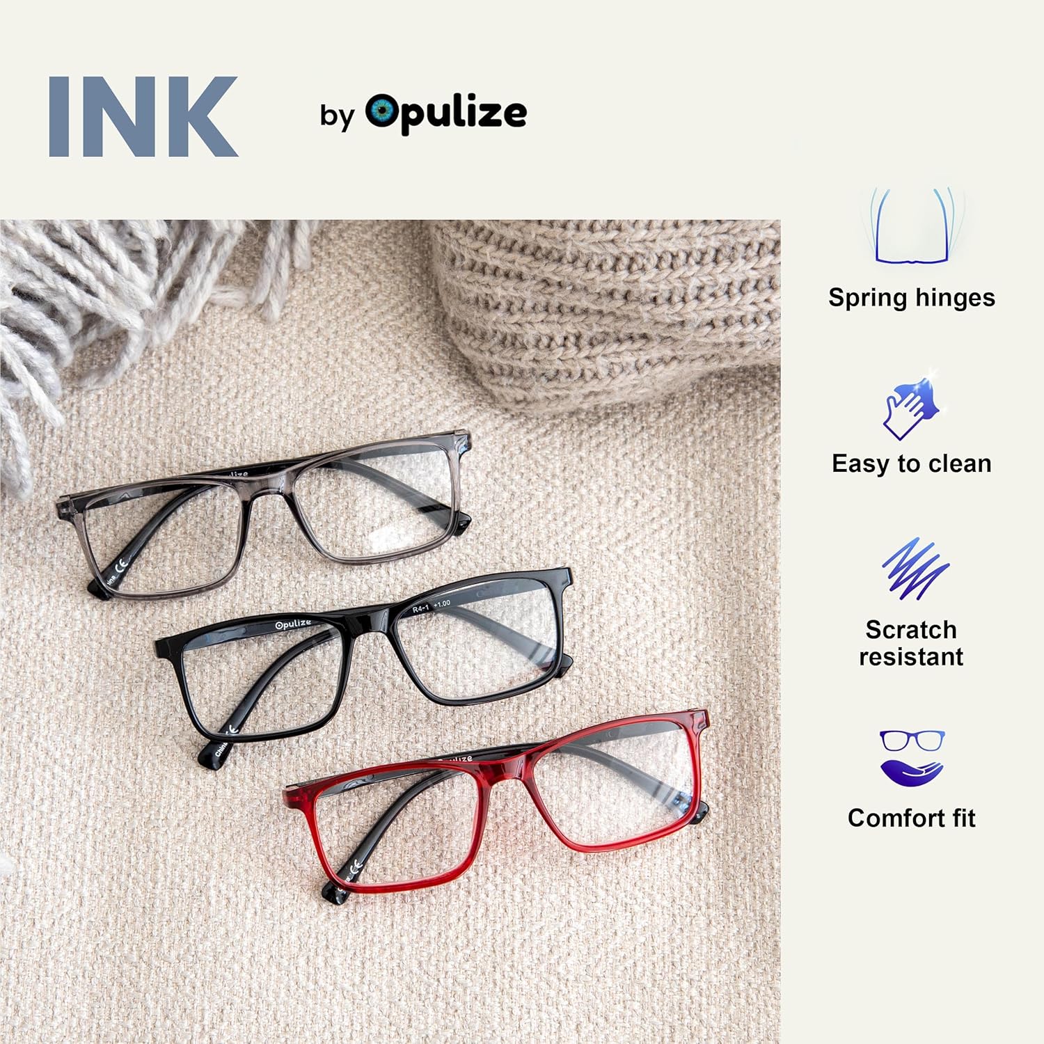 OPULIZE INK Reading Glasses - Value 2 Pack - Large Rectangular Frame - Spring Hinges - Scratch Resistant - Black Red - Mens Womens +1.50 - Image 4