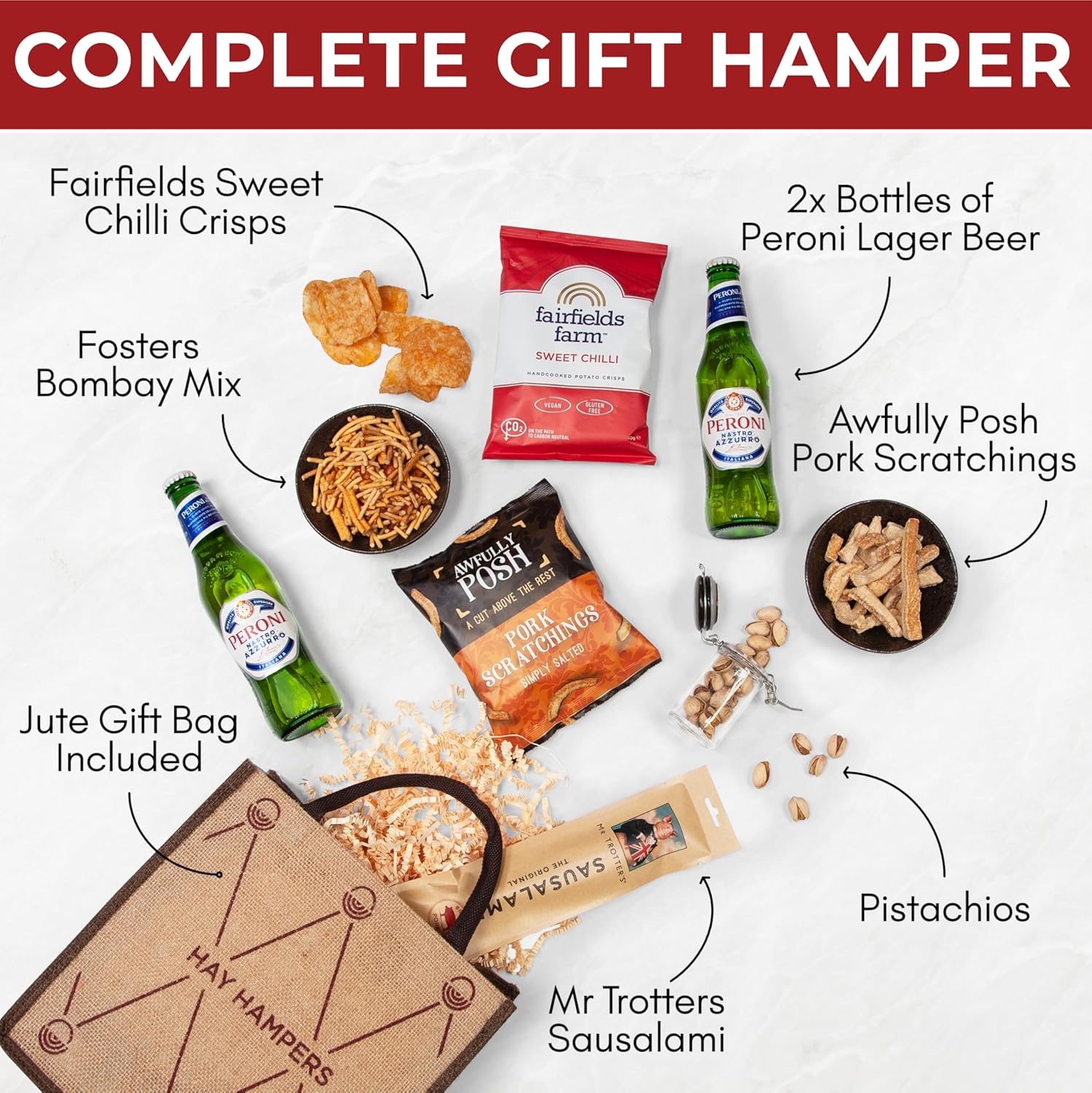 Beer and Pub Snacks Gift Hamper - Jute Bag with Peroni Lager, Pork Scratchings, Crisps & More Pub Snacks – Birthday Gift, Food Hamper, Beer Hamper Gift for Men - Hay Hampers - Image 3