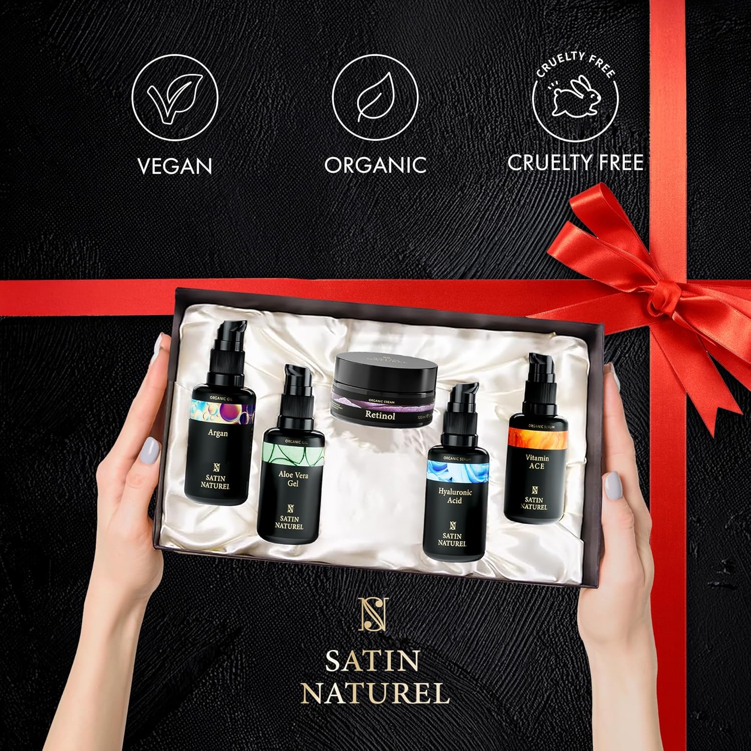 Satin Naturel Luxury Gift Set for Women – 5x30ml Skincare Bundle with Hyaluronic Acid Serum, Vitamin C Serum, Aloe Vera Gel, Argan Oil & Moisturiser – Skincare Set for Her in Premium Gift Box - Image 4