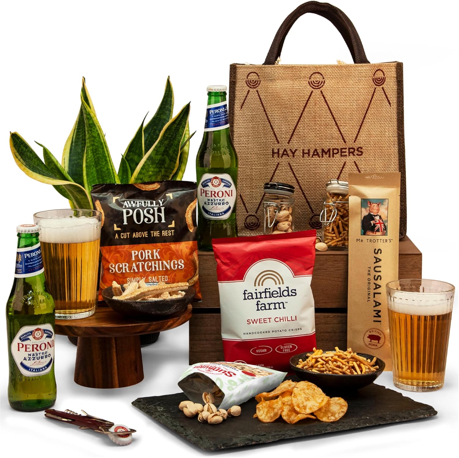 Beer and Pub Snacks Gift Hamper - Jute Bag with Peroni Lager, Pork Scratchings, Crisps & More Pub Snacks – Birthday Gift, Food Hamper, Beer Hamper Gift for Men - Hay Hampers