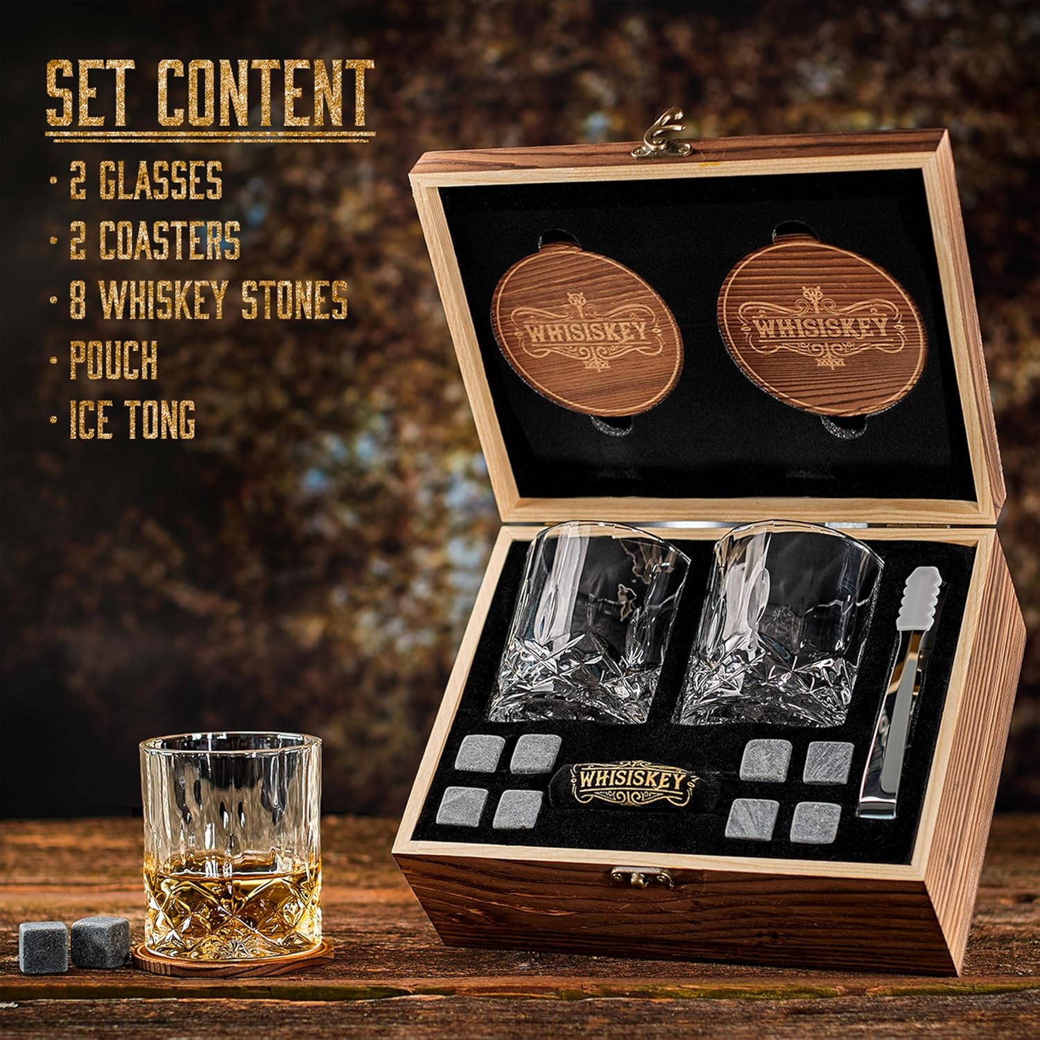 WHISISKEY - Whiskey Glass Set - Whiskey Gift Sets for Men - Whisky Glass Gifts for Men - Rum Tumblers Whisky Set with 2 Glasses, 8 Whiskey Stones, Accessories - Image 2