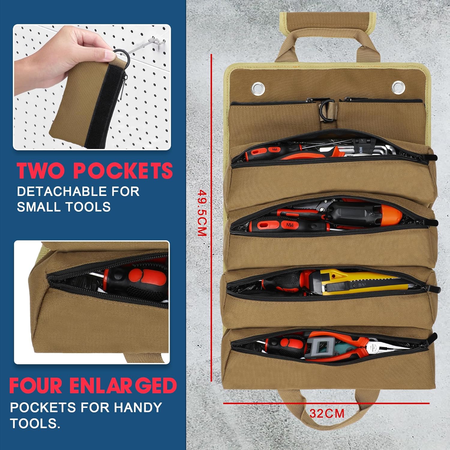 Tool Bag, Roll Up Small Tools Box Storage, Heavy Duty Tool Organizer with 2 Detachable Tool Pouch, Tool Gifts for Men Dad Husband Boyfriend Grandpa, Presents for Christmas Birthday (Khaki) - Image 3