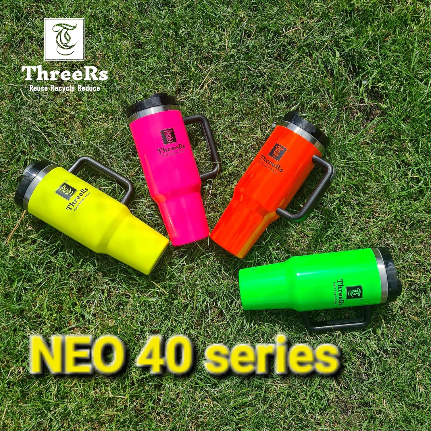 ThreeRs Quencher Travel Tumbler with Handle Straws Insulated Coffee Cup Telescopic Metal Straw, 2 Lids, Summer Water Bottle, Mug for Hot - Cold Drinks 40oz/1180ml Neon Colour (Pink) - Image 5