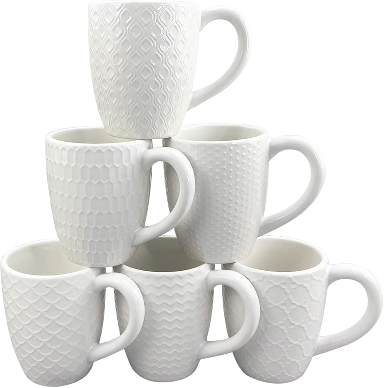 Hoikwo 12oz / 380ml Coffee Mugs Set of 6, White Bone China Mugs with Relief Pattern for Coffee, Tea, Latte, Milk, Cocoa, Juice and Other Hot Drinks