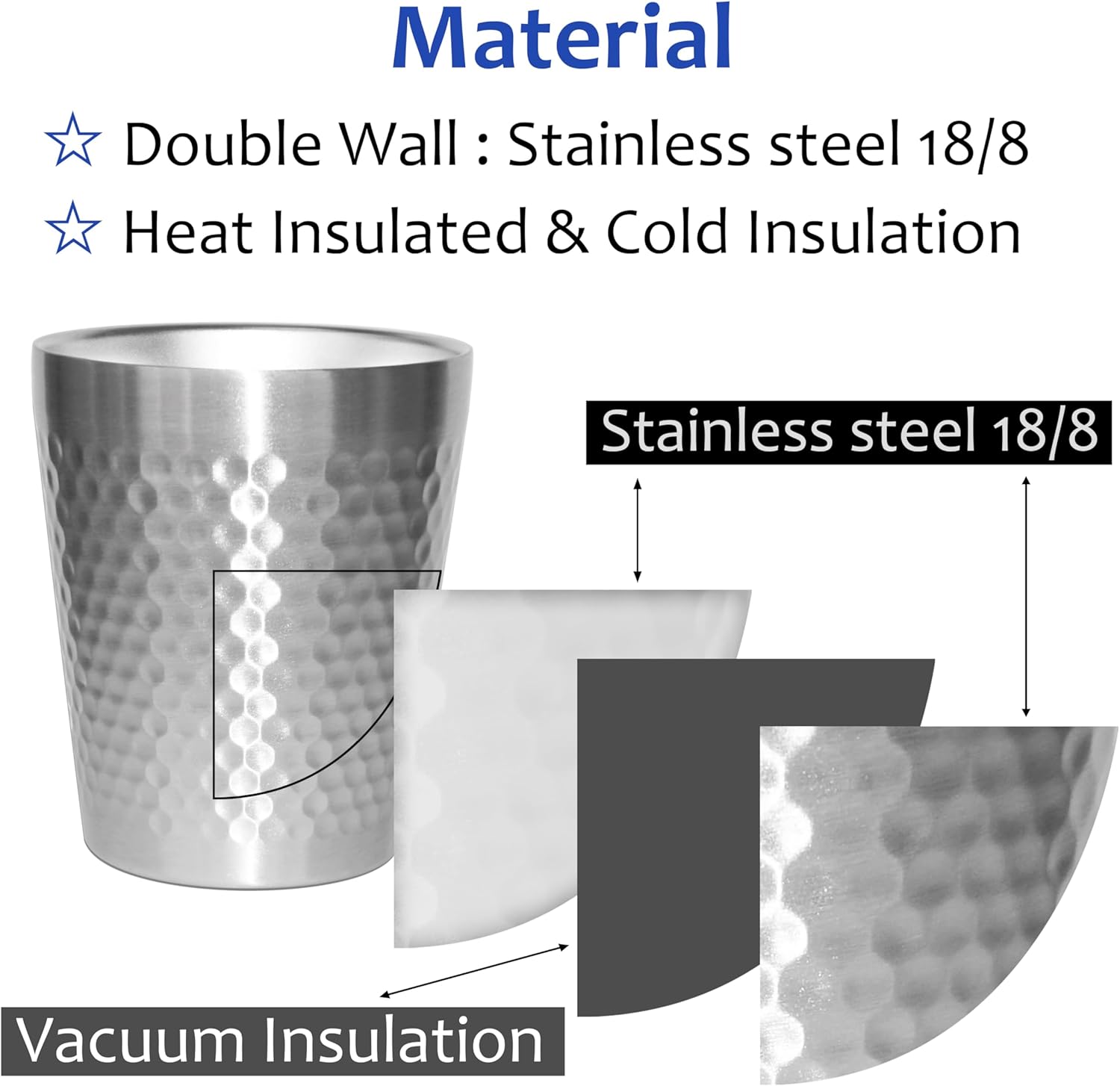 Stainless Steel Cups 4 Packs 10oz/300ml Stackable Double Wall Insulated Metal Shatterproof Cups Titanium-Plated Diamond Textured Surface Heat Resistant Dishwasher Safe (Silver - 4 Packs) - Image 6