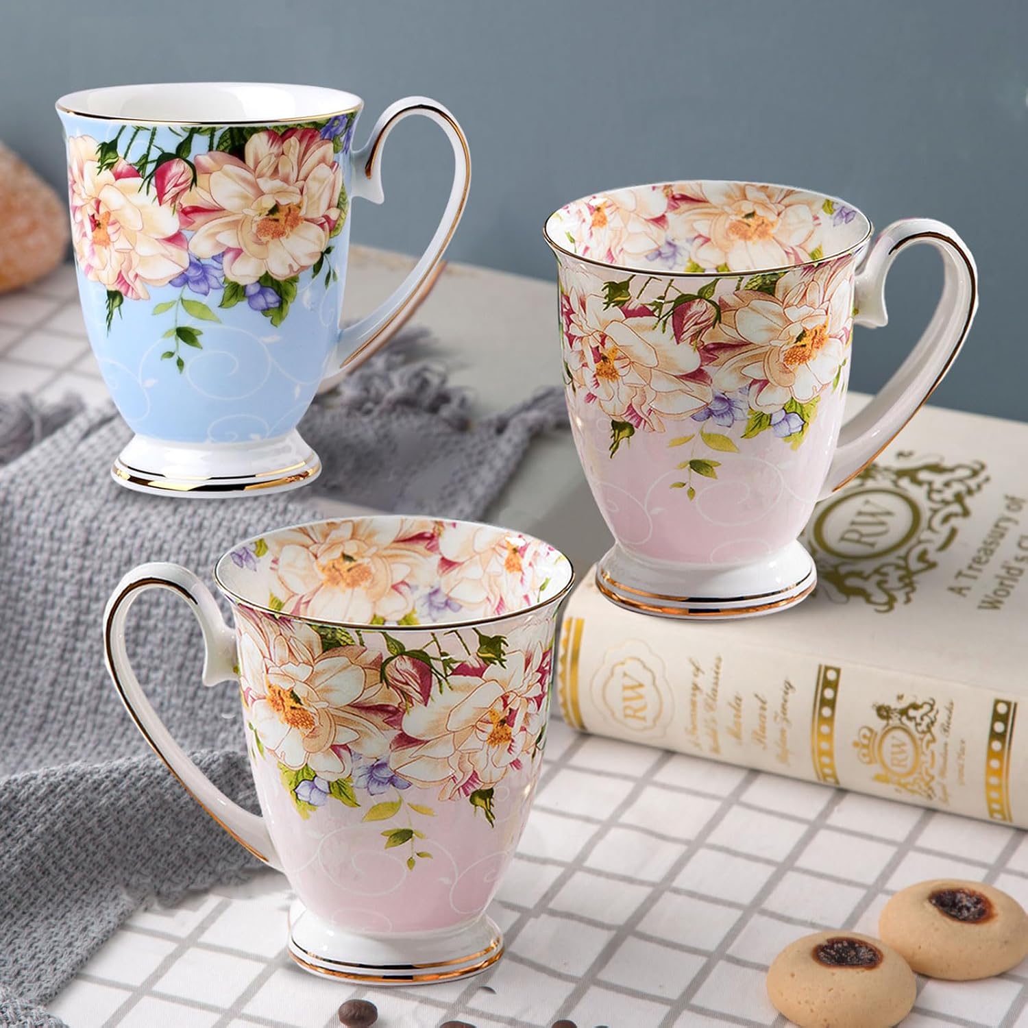 4 Piece Porcelain Coffee Mugs Set - Bone China Floral Coffee Tea Water Cup and Hot Chocolate Cups - Great Gift for Lovers - 11 oz/312 ml (Pink) - Image 3
