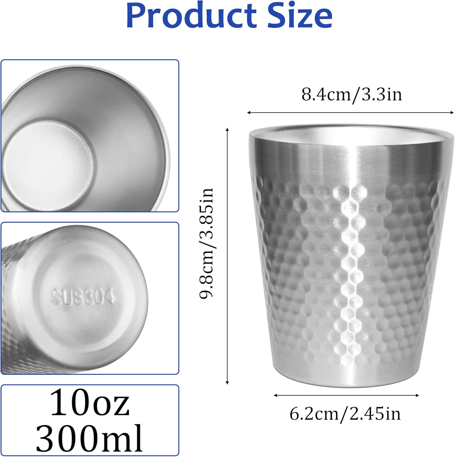Stainless Steel Cups 4 Packs 10oz/300ml Stackable Double Wall Insulated Metal Shatterproof Cups Titanium-Plated Diamond Textured Surface Heat Resistant Dishwasher Safe (Silver - 4 Packs) - Image 4