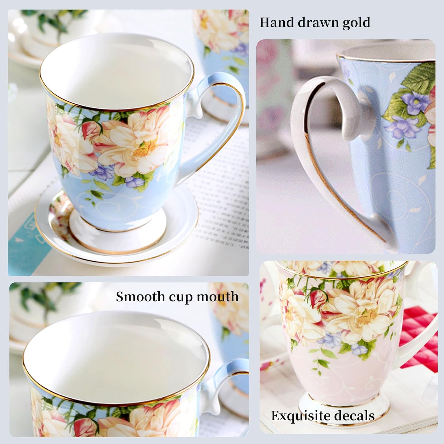 4 Piece Porcelain Coffee Mugs Set - Bone China Floral Coffee Tea Water Cup and Hot Chocolate Cups - Great Gift for Lovers - 11 oz/312 ml (Pink) - Image 4