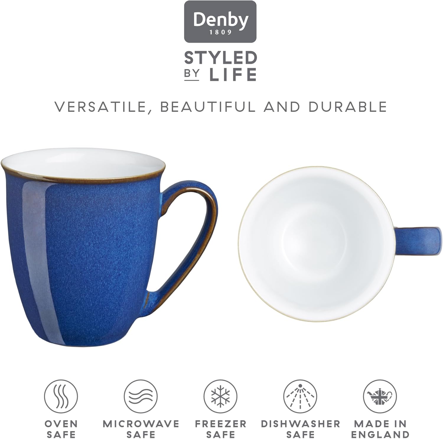 Denby - Imperial Blue Coffee Mug Set of 2 - 330ml Large Stoneware Ceramic Classic Tea Mug Set For Home & Office - Dishwasher Safe, Microwave Safe - Blue, White, Brown - Chip Resistant - Image 3