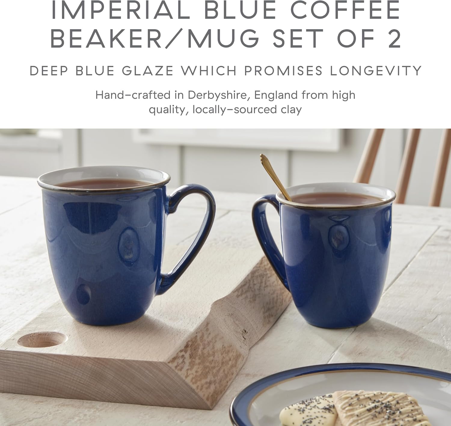 Denby - Imperial Blue Coffee Mug Set of 2 - 330ml Large Stoneware Ceramic Classic Tea Mug Set For Home & Office - Dishwasher Safe, Microwave Safe - Blue, White, Brown - Chip Resistant - Image 2