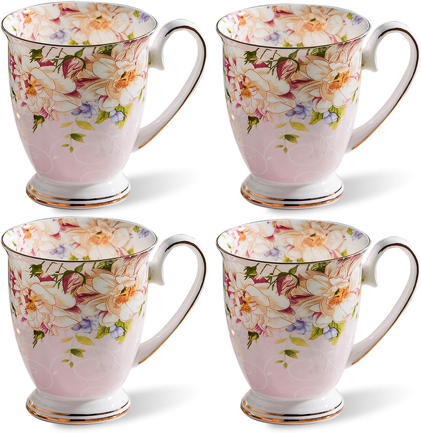 4 Piece Porcelain Coffee Mugs Set - Bone China Floral Coffee Tea Water Cup and Hot Chocolate Cups - Great Gift for Lovers - 11 oz/312 ml (Pink)