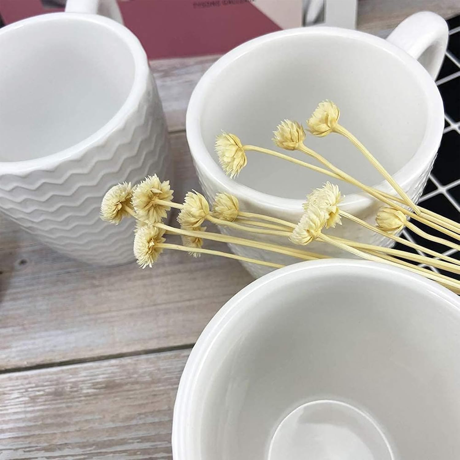 Hoikwo 12oz / 380ml Coffee Mugs Set of 6, White Bone China Mugs with Relief Pattern for Coffee, Tea, Latte, Milk, Cocoa, Juice and Other Hot Drinks - Image 7