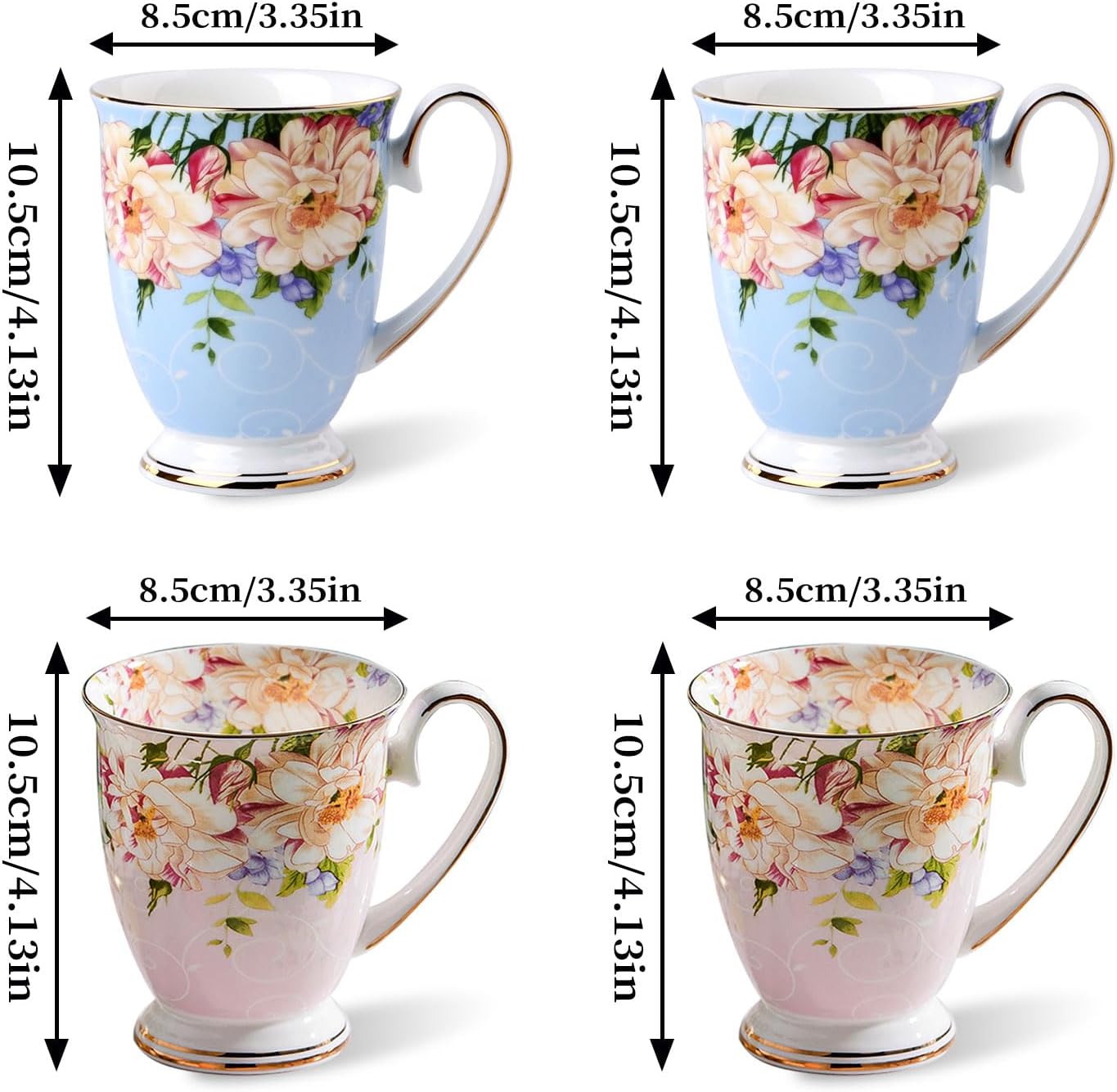 4 Piece Porcelain Coffee Mugs Set - Bone China Floral Coffee Tea Water Cup and Hot Chocolate Cups - Great Gift for Lovers - 11 oz/312 ml (Pink) - Image 2