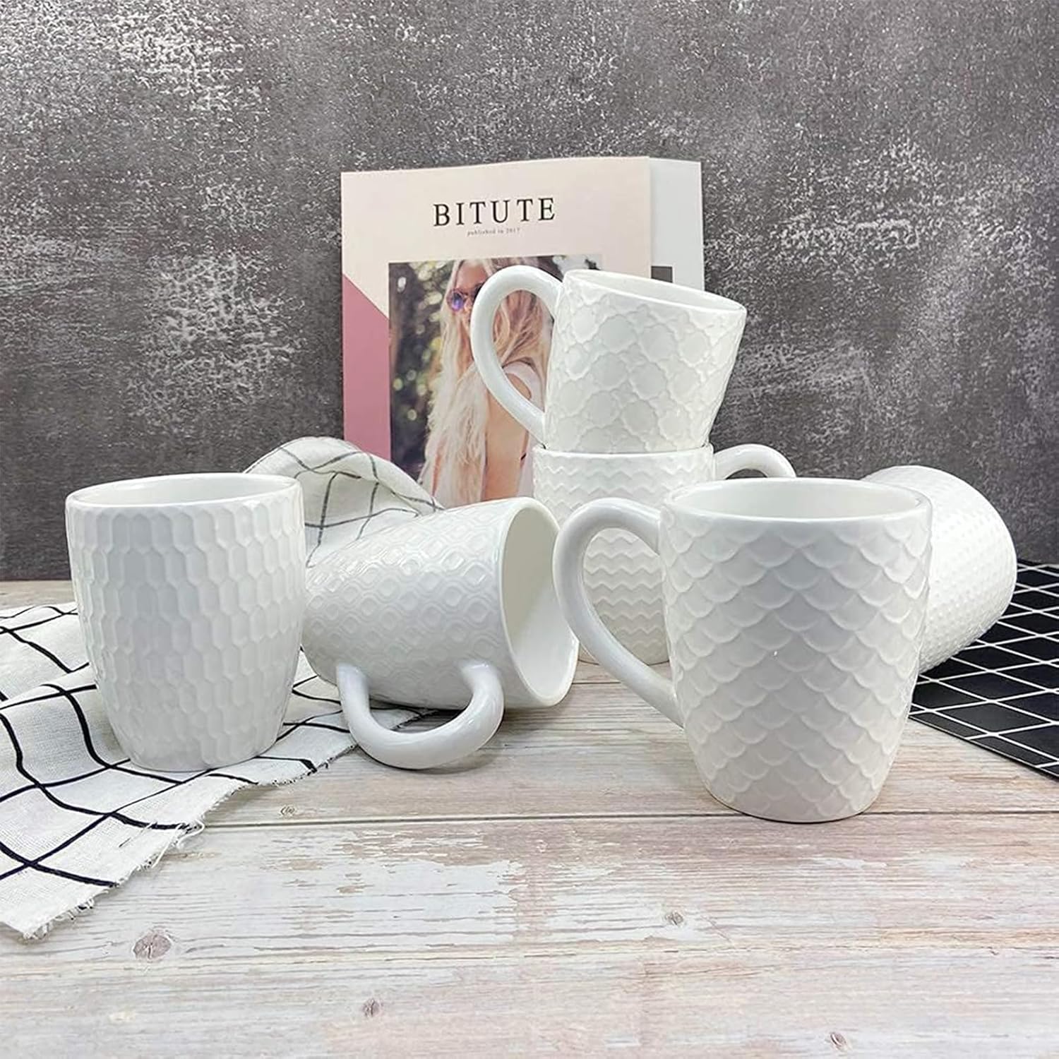 Hoikwo 12oz / 380ml Coffee Mugs Set of 6, White Bone China Mugs with Relief Pattern for Coffee, Tea, Latte, Milk, Cocoa, Juice and Other Hot Drinks - Image 4