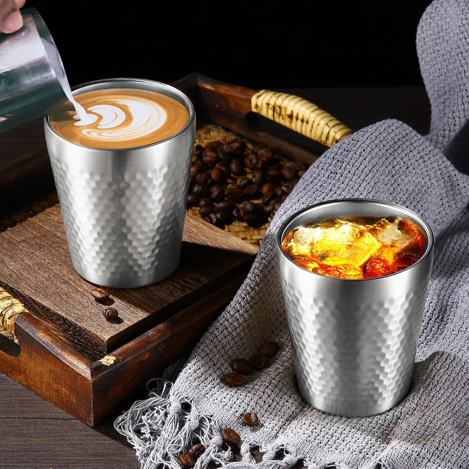 Stainless Steel Cups 4 Packs 10oz/300ml Stackable Double Wall Insulated Metal Shatterproof Cups Titanium-Plated Diamond Textured Surface Heat Resistant Dishwasher Safe (Silver - 4 Packs) - Image 3