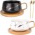 Peohud 2 Pack Ceramic Tea Cup and Saucer Sets, 300ml Marble Flat Cappuccino Mugs, Porcelain Coffee Mug with Spoon and Bamboo Saucer, Marble Espresso Cups for Latte, Americano, White and Black